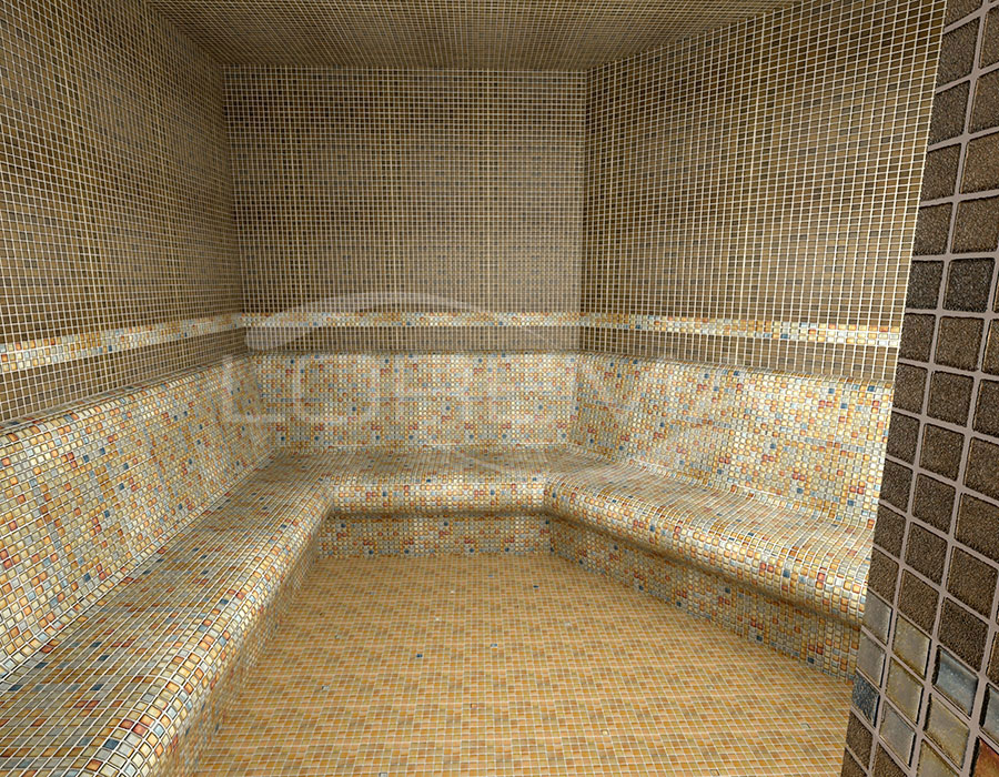 Obklad parní sauny exkluzivní skleněná mozaika Ezarri, svislé stěny a strop mozaika série SPACE typ SCORPIO, sedáky a horizontální ozdobný pruh série mozaika METAL typ OXIDO, bezpečnostní protiskluzová podlaha mozaika série ANTI typ ARENA-ANTI