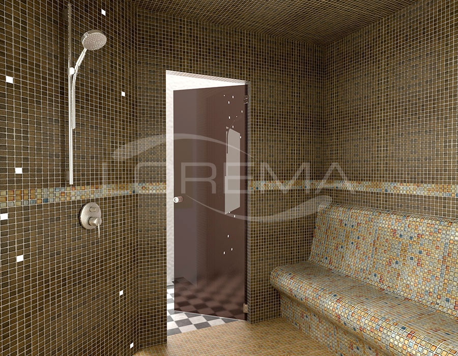 Obklad parní sauny exkluzivní skleněná mozaika Ezarri, svislé stěny a strop mozaika série SPACE typ SCORPIO, sedáky a horizontální ozdobný pruh série mozaika METAL typ OXIDO, bezpečnostní protiskluzová podlaha mozaika série ANTI typ ARENA-ANTI