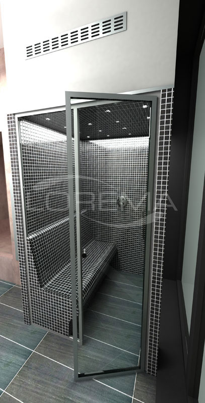 Parní sauna s proskleným čelem, bok sedáku obložen mozaikou