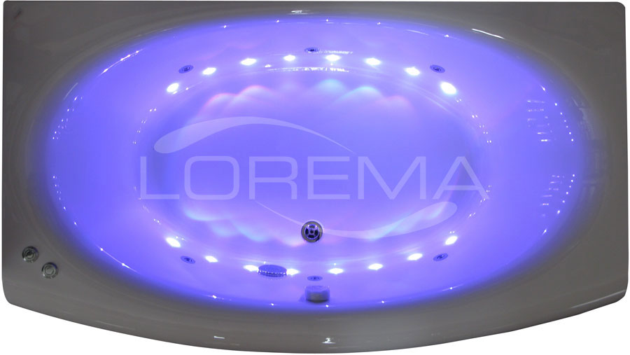 Evolution bathtub (Ravak) equipped with the SAPHO Hydro & Air Standard massage system with pneumatic control and SLIM jets (without back jets) and spot chromotherapy with the possibility to choose any colour.