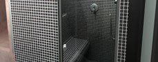 Parní sauna 1,3 x1,3m exteriér, prosklená stěna s výhledem